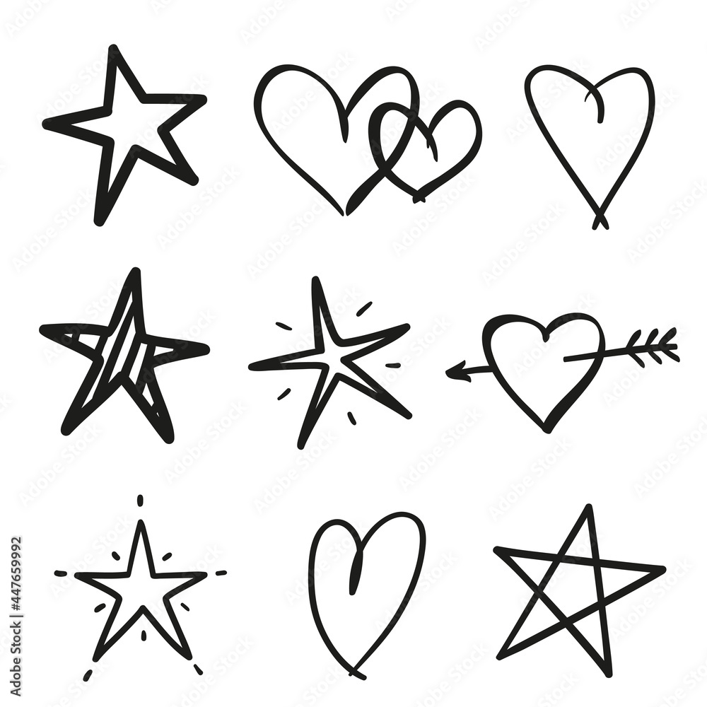 Hand drawn black stars on isolated white background. Freehand art. Black and white illustration Hand drawn black stars on isolated white background. Freehand art. Black and white illustration