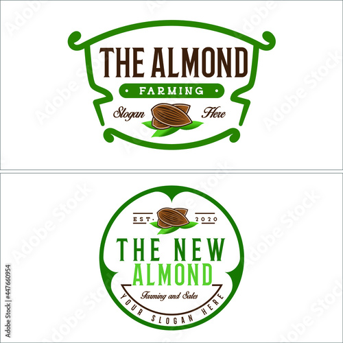 Almond leaf plant emblem logo vector line art. suitable for agriculture farm industry. Retail  organic nature. Eco food label