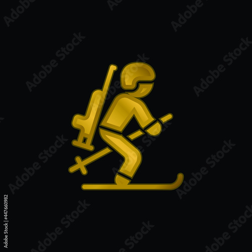 Biathlonist gold plated metalic icon or logo vector