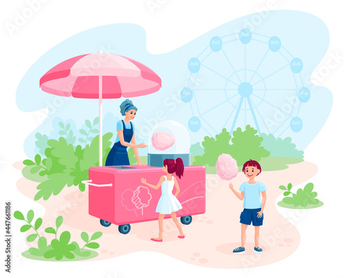 Children in the park buy cotton candy from a saleswoman with a mobile cart. Cartoon vector illustration isolated on white background © yulicon
