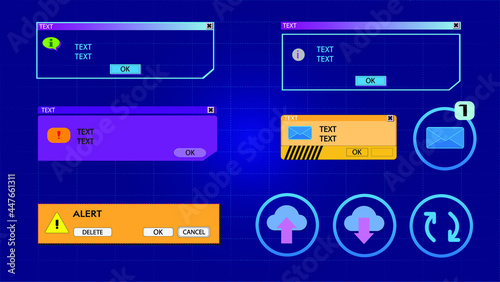 Set of cyberpunk style computer windows and futuristic interface HUD elements. Blue background with vintage grid