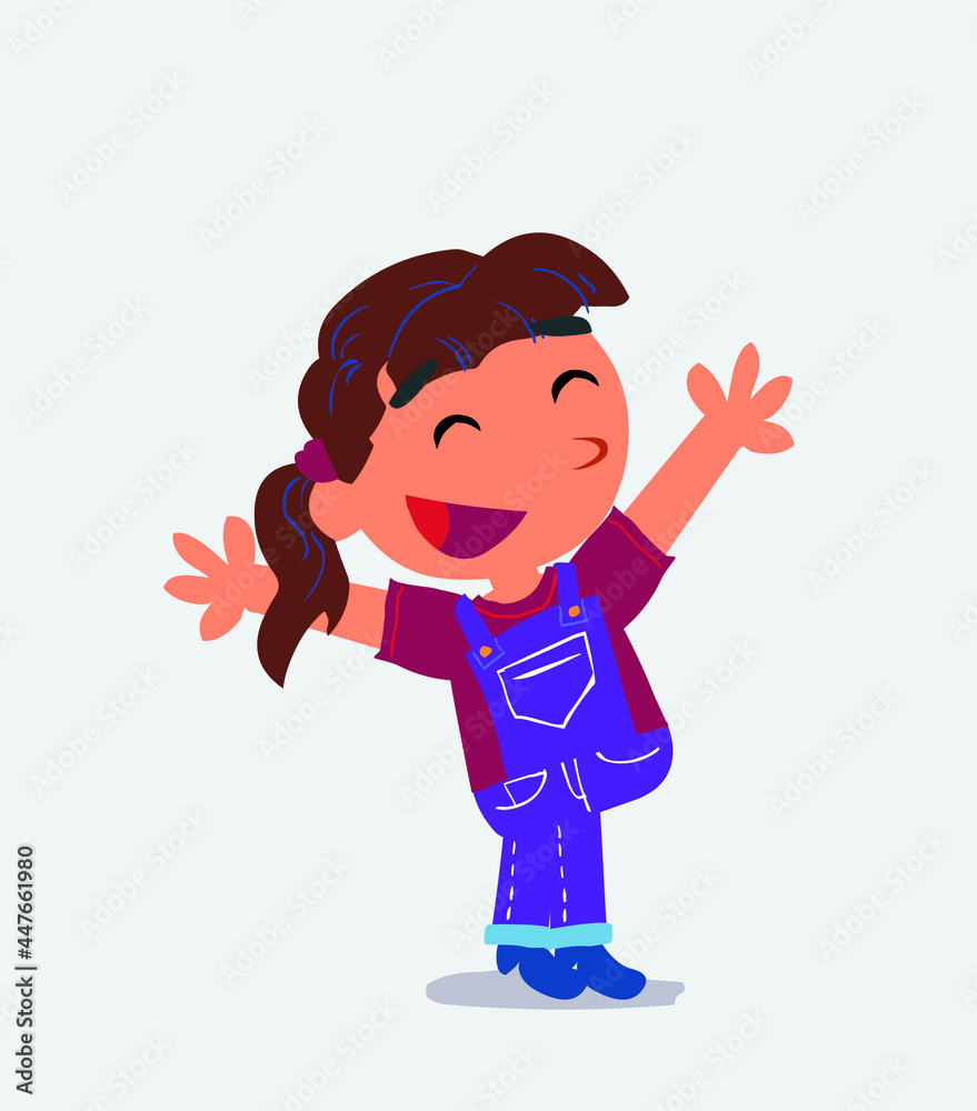 cartoon character of little girl on jeans celebrating something with joy.