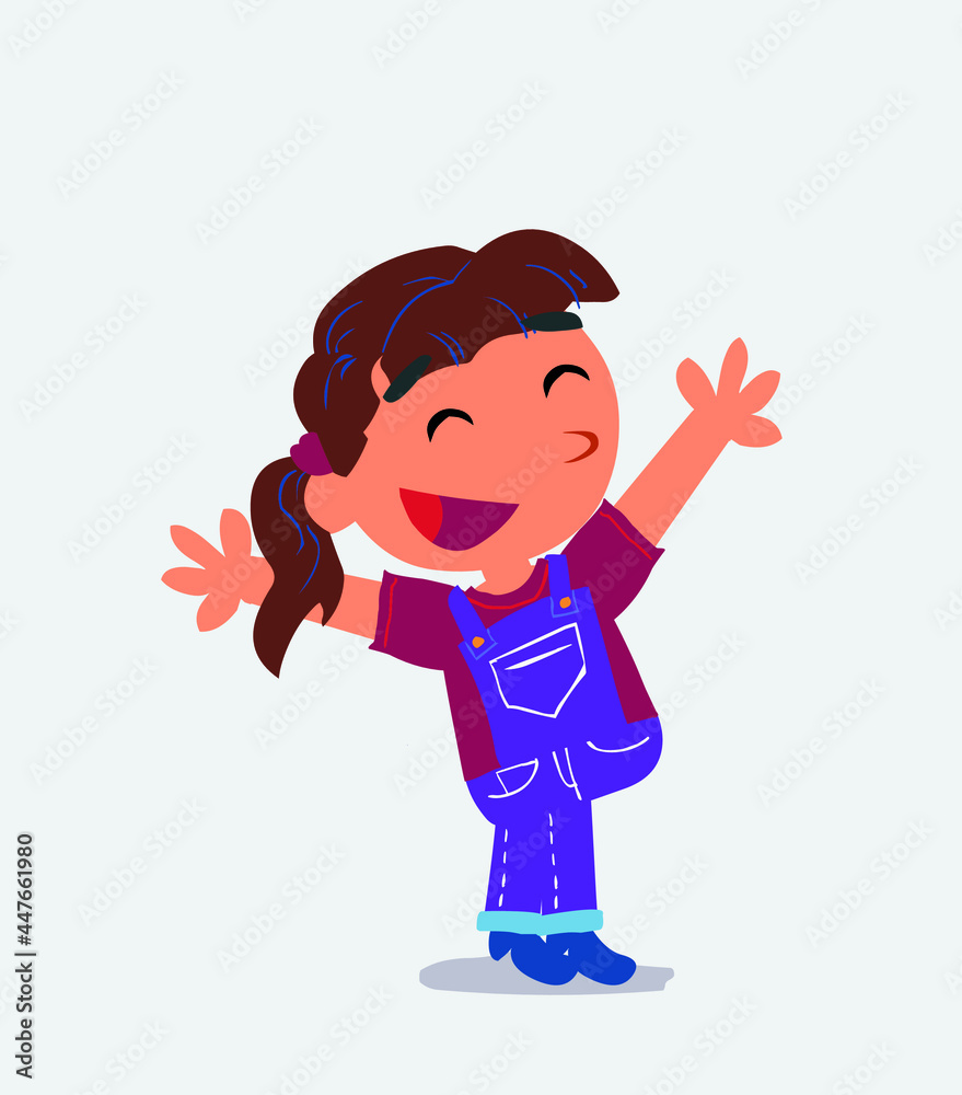 cartoon character of little girl on jeans celebrating something with joy. cartoon character of little girl on jeans celebrating something with joy.