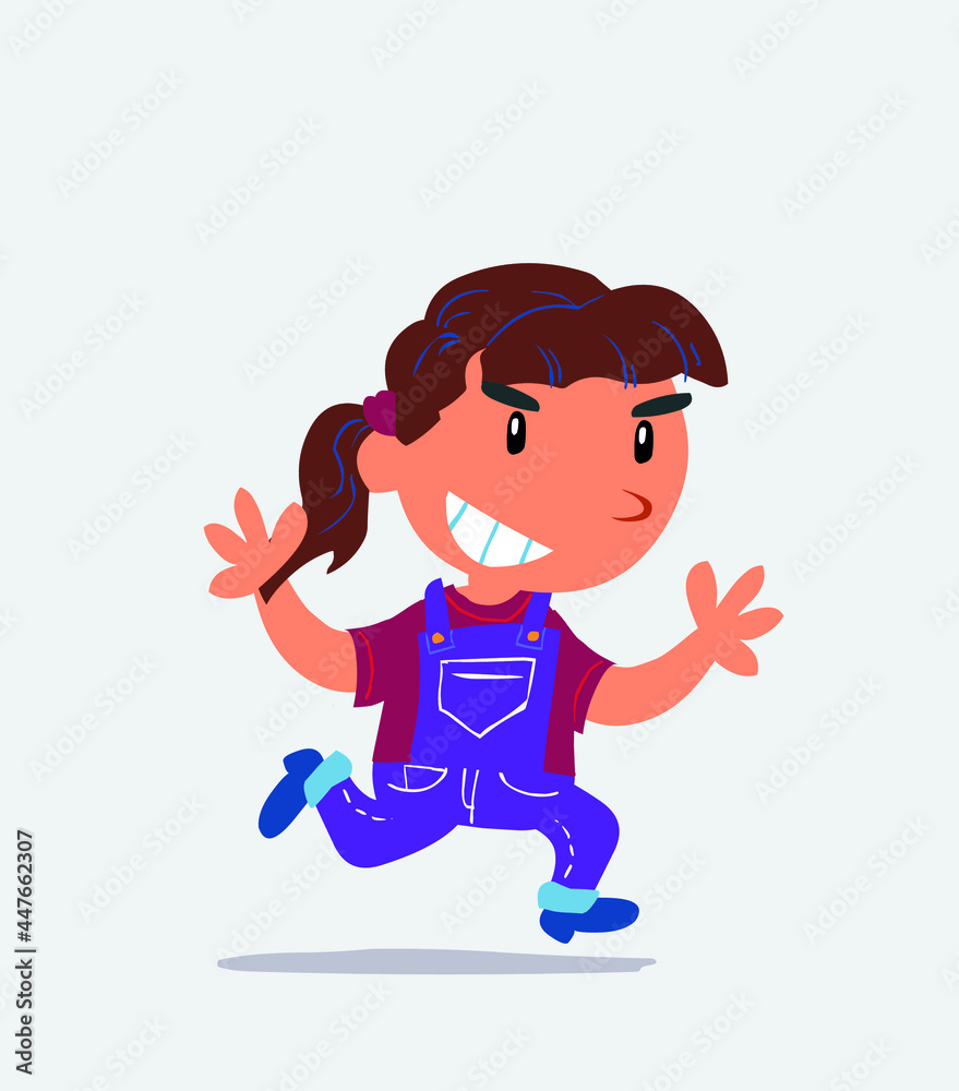 cartoon character of little girl on jeans running very pleased. cartoon character of little girl on jeans running very pleased.