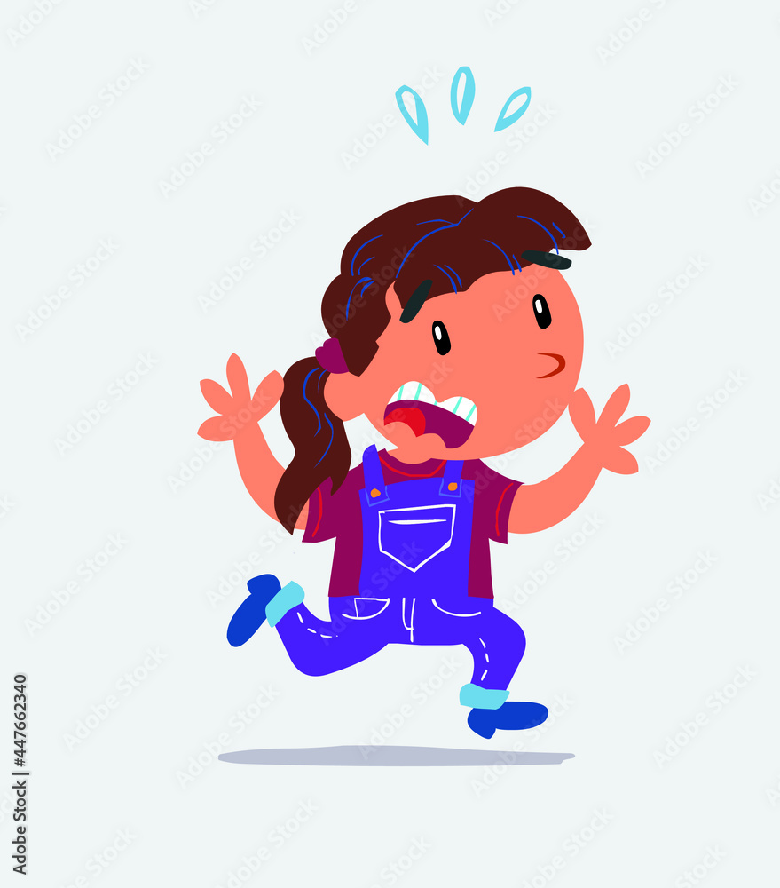 cartoon character of little girl on jeans runs away in terror. cartoon character of little girl on jeans runs away in terror.