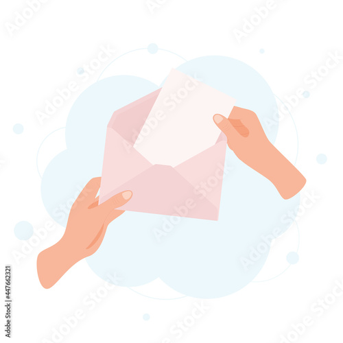 Hands holding envelope with blank paper letter with empty space for text. Receiving mail concept. Vector illustration.