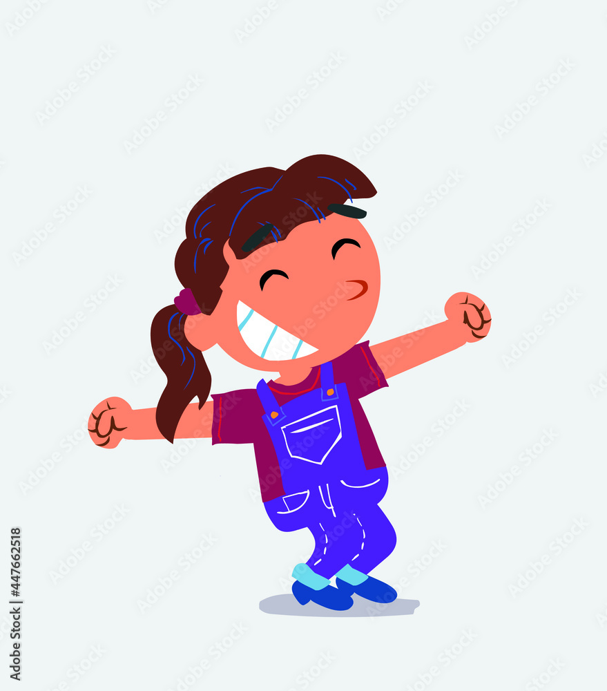 Euphoric little girl on jeans in funny cartoon character.