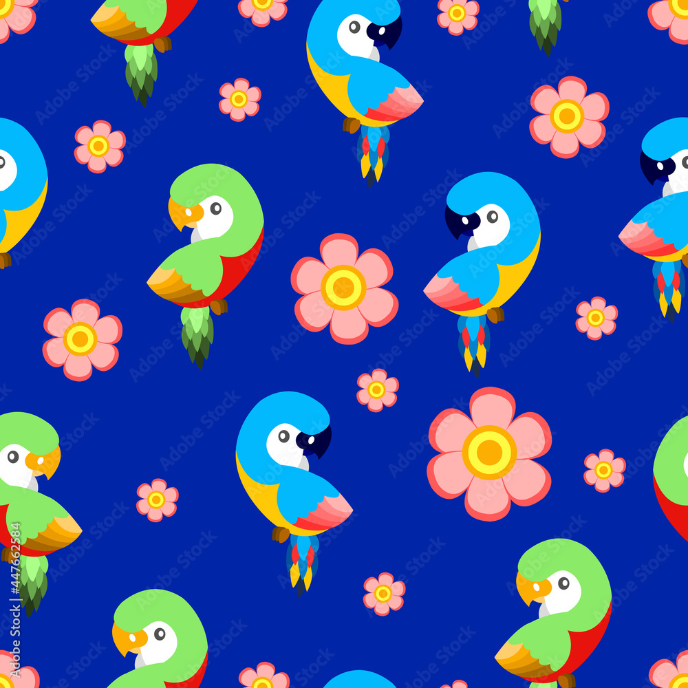 Fototapeta premium Seamless pattern with ara parrots and pink flowers. Blue, yellow, green, pink, red. Blue background. Cartoon style. Cute and funny. For kids post cards, stationery, wallpaper, textile, wrapping paper