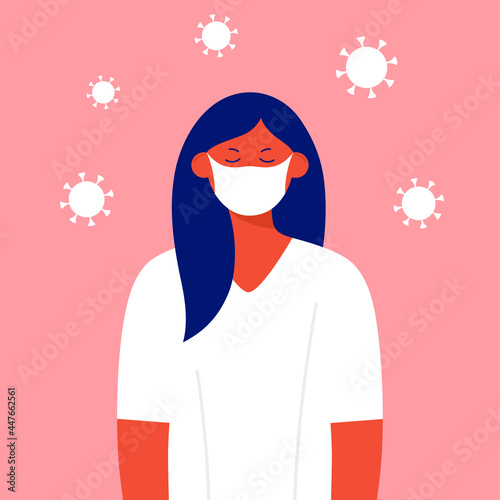 Tired woman in protective medical face mask having mental, physical fatigue, stress or depression, suffering pandemic fatigue - Female character feeling exhausted during coronavirus outbreak, lockdown