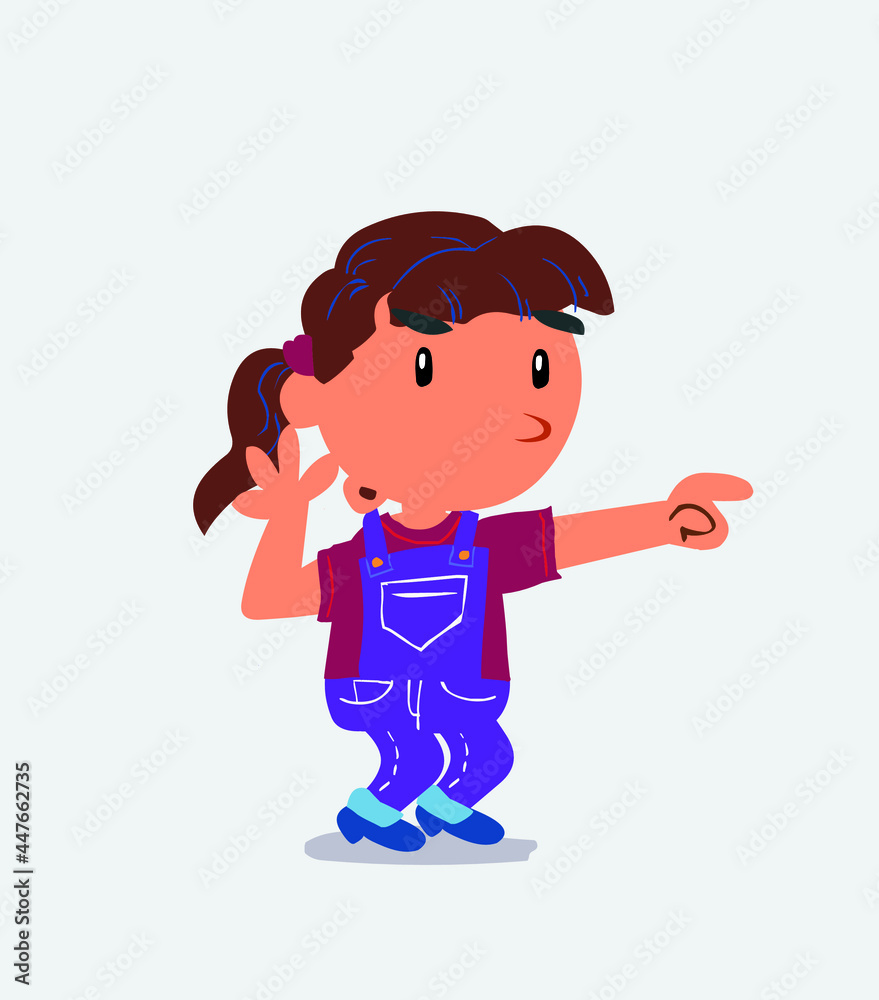 Surprised cartoon character of little girl on jeans points to something. Surprised cartoon character of little girl on jeans points to something.