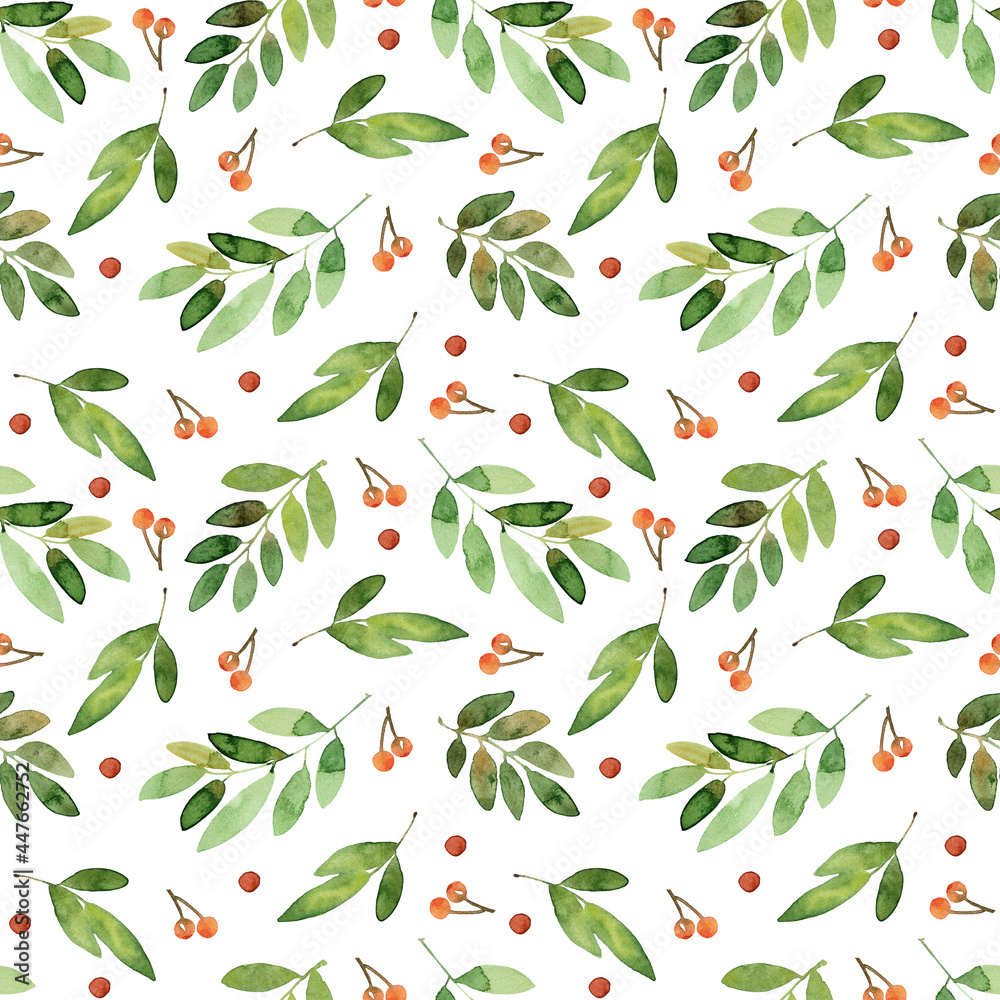 Watercolor seamless pattern. Rowan branches with leaves and berries, Isolated on a white background.