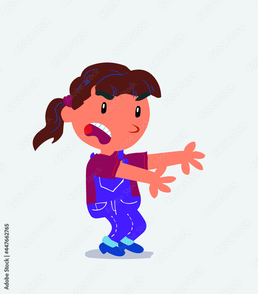 Very angry cartoon character of little girl on jeans pointing at something at side. Very angry cartoon character of little girl on jeans pointing at something at side.