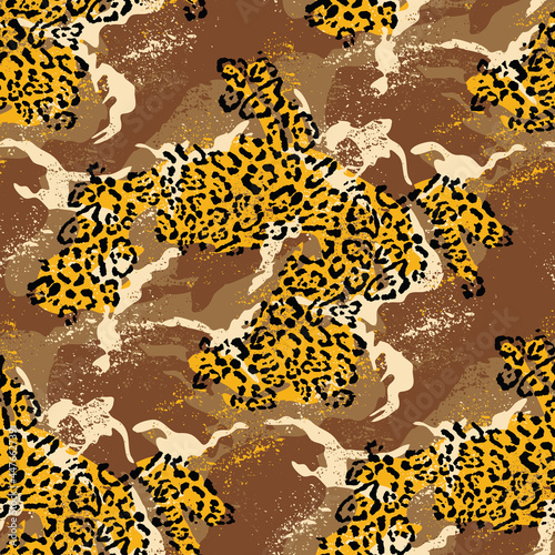 Leopard skin with mimetic camouflage background abstract vector seamless pattern