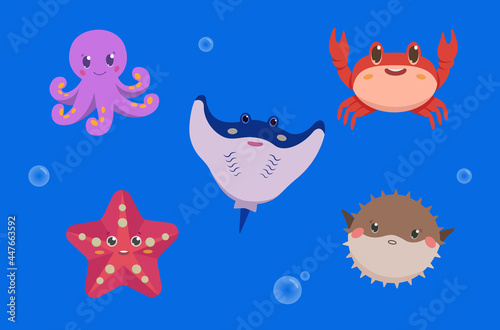 Illustrations of sea animals. Cartoon octopus, starfish, stingray, crab, puffer fish. Vector.
