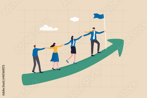 Teamwork cooperate together to achieve target, leadership to build team walking up rising growth arrow, career development concept, businessman leader holding hand with employee walking up arrow graph photo