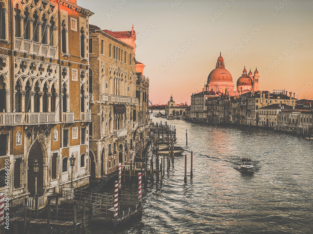 View of the Grand Canal and Basilica Santa Maria della Salute from the Ponte dell'Accademia in Venice, Italy. Toned image.