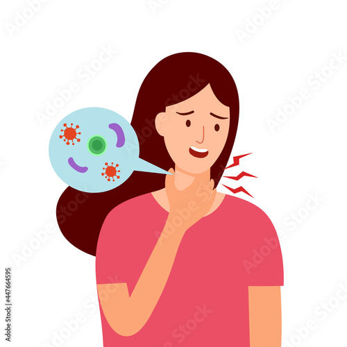 Young woman having sore throat symptom from virus or bacteria in flat design on white background.