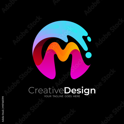 Letter M logo with swoosh water icons, circle logos and colorful