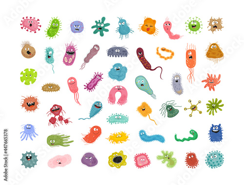 Collection of colorful bacteria and viruses with different emotions. Funny cartoon microbes.