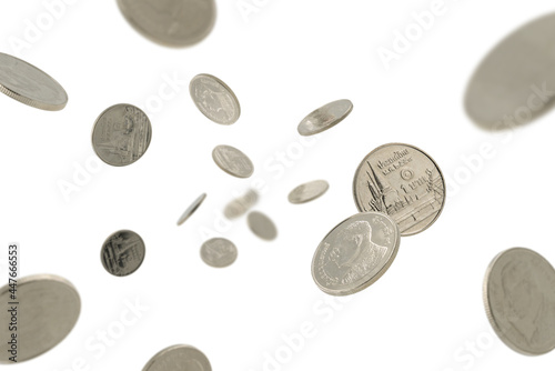 Thai coins falling on white background.Saving money for business and financial concept