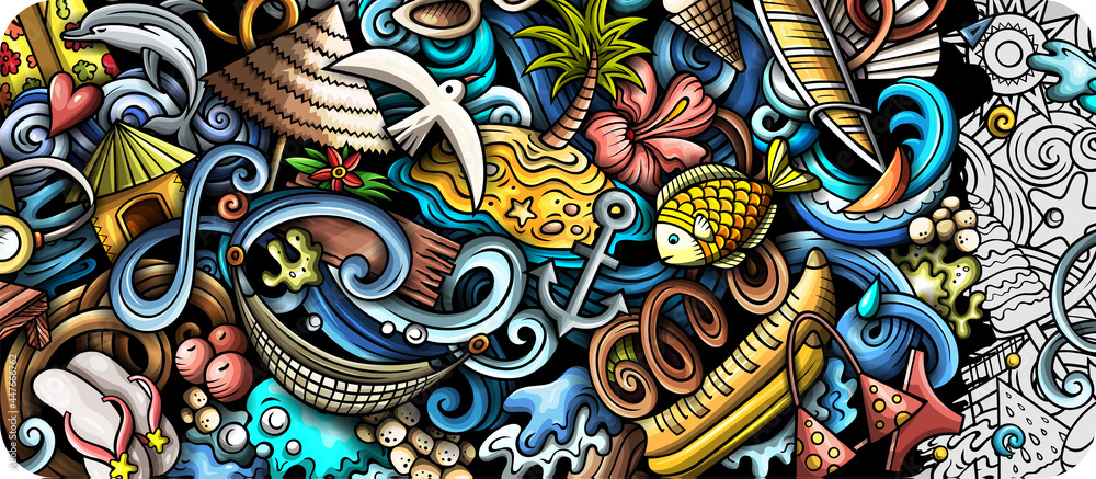 Fototapeta premium Summer beach hand drawn doodle banner. Cartoon vector detailed flyer.