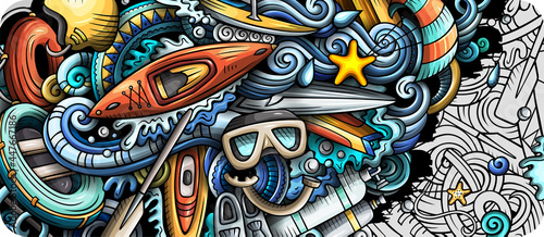 Water sports hand drawn doodle banner. Cartoon vector detailed flyer.