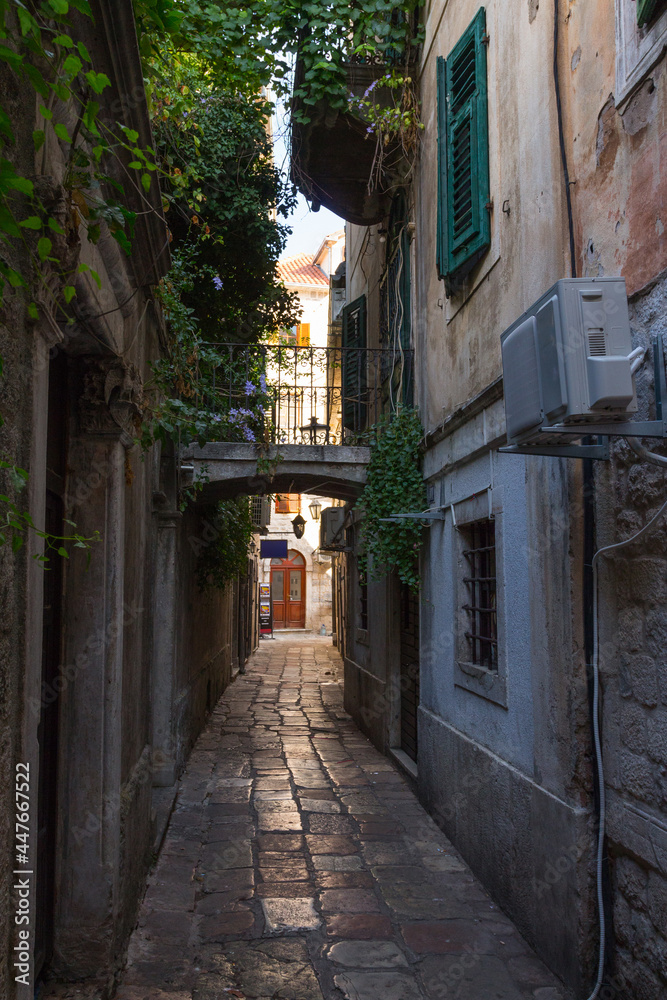 Narrow street in the Old Town of Kotor . Montenegro 