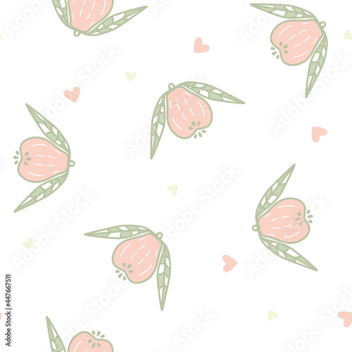 Vector Cute Tropical Fruit Guava with Hearts in pastel colors seamless pattern background. Perfect for fabric, wallpaper and scrapbooking projects.