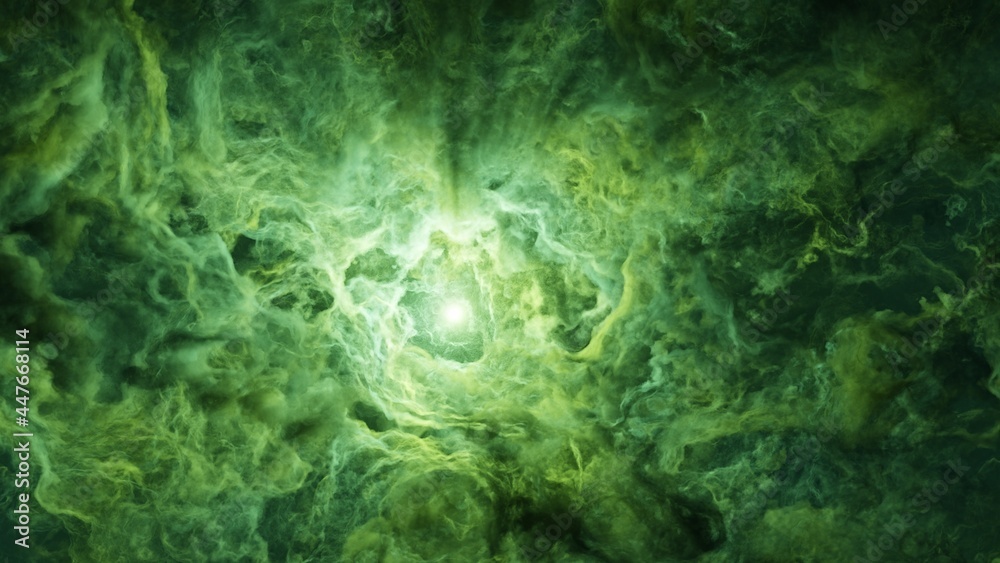 Emerald green clouds of deep space supernova nebulae - slow tranquil interstellar voyage through galaxy. background wallpaper.