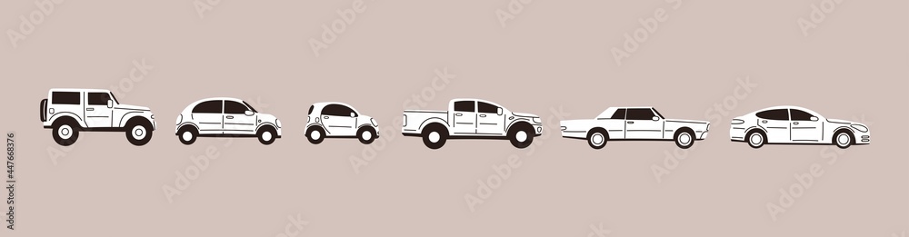 Various Cars or vehicles. Different types of cars: sedan, SUV, pickup, coupe, hatchback, retro car. Automobile, motor transport concept. Hand drawn trendy Vector illustration. Every car is isolated