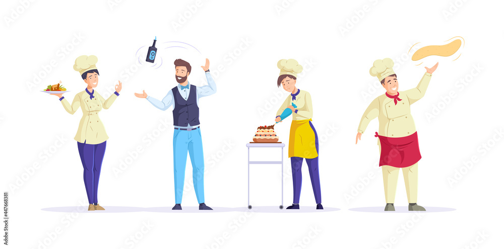 Obraz premium Restaurant staff chef, cook, waitress, bartender. Public catering service staff. Kitchen workers chef cooking food at cafeteria cuisine, waitress delivers order, cook prepares sweet cake