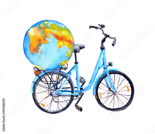 Bicycle with world globe in basket. Watercolor for travel concept
