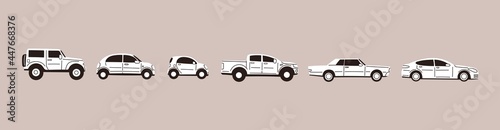 Various Cars or vehicles. Different types of cars: sedan, SUV, pickup, coupe, hatchback, retro car. Automobile, motor transport concept. Hand drawn trendy Vector illustration. Every car is isolated