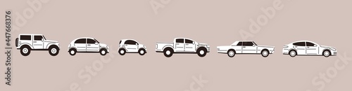 Various Cars or vehicles. Different types of cars  sedan  SUV  pickup  coupe  hatchback  retro car. Automobile  motor transport concept. Hand drawn trendy Vector illustration. Every car is isolated