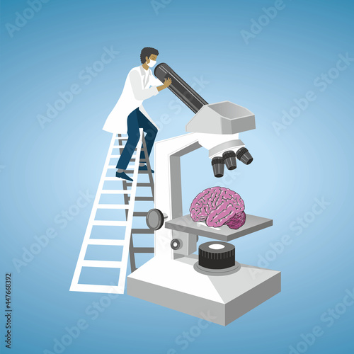 Man standing on ladder, examine brain in microscope. Vector illustration. EPS10.
