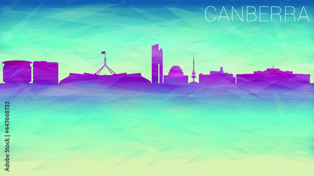 Canberra Australia Skyline Silhouette Vector City. Broken Glass Abstract Geometric Dynamic Textured. Banner Background. Colorful Shape Composition.
