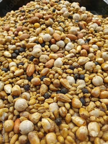 A roasted mixture of nuts and seeds.  Delicious and healthy food rich in vitamins.