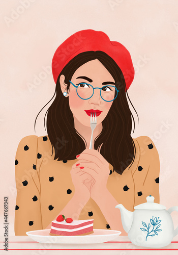 Photography Young happy woman with glasses eating a strawberry cake in a French cafe