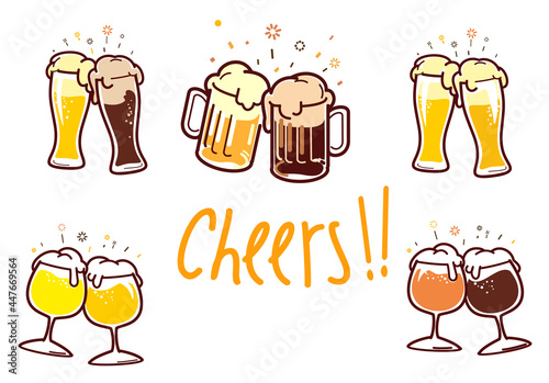 Cheers with different types of mugs with different types of beer with foam isolated on white