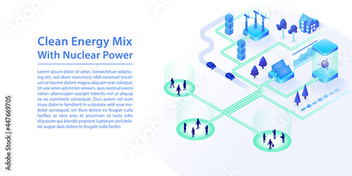 Concept of clean energy mix with renewable energy sources such as wind, nuclear power, solar energy. 3d isometric vector illustration as a web banner