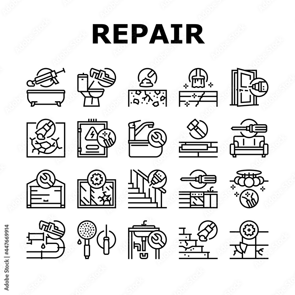 Fototapeta premium Home Repair Occupation Collection Icons Set Vector. Sink And Bath, Garage Door And Furniture, Kitchen And Bathroom Faucet, Home Repair Work Black Contour Illustrations