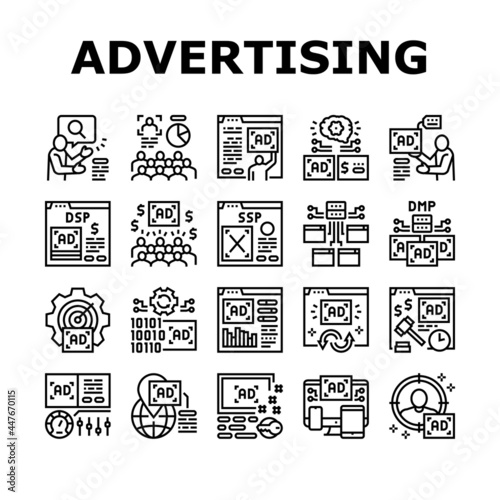 Programmatic Advertising Service Icons Set Vector. Audience Programmatic Advertising And Analytics, Optimization And Remarketing, Digital Advertise Black Contour Illustrations photo