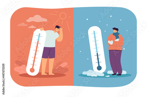 Men in cold and hot weather flat vector illustration. Frozen and sweating people standing with thermometers in summer and winter. Meteorology, extremely low and high temperatures, thermostat concept