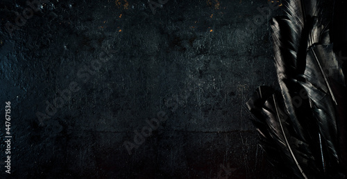 Halloween background with black raven feathers on dark grunge backdrop. Horror gothic abstract design with copyspace. Closeup of bird wing texture.