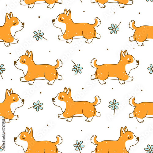 Seamless pattern with cute corgi and flowers - cartoon background for textile and wrapping design
