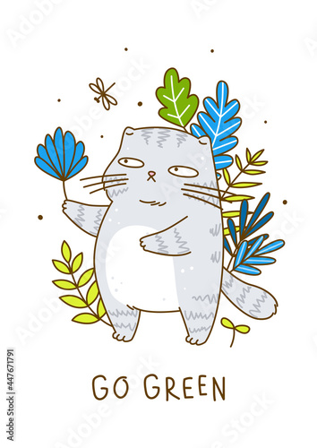 Cute grey cat with leaves - cartoon character for summer poster design  2