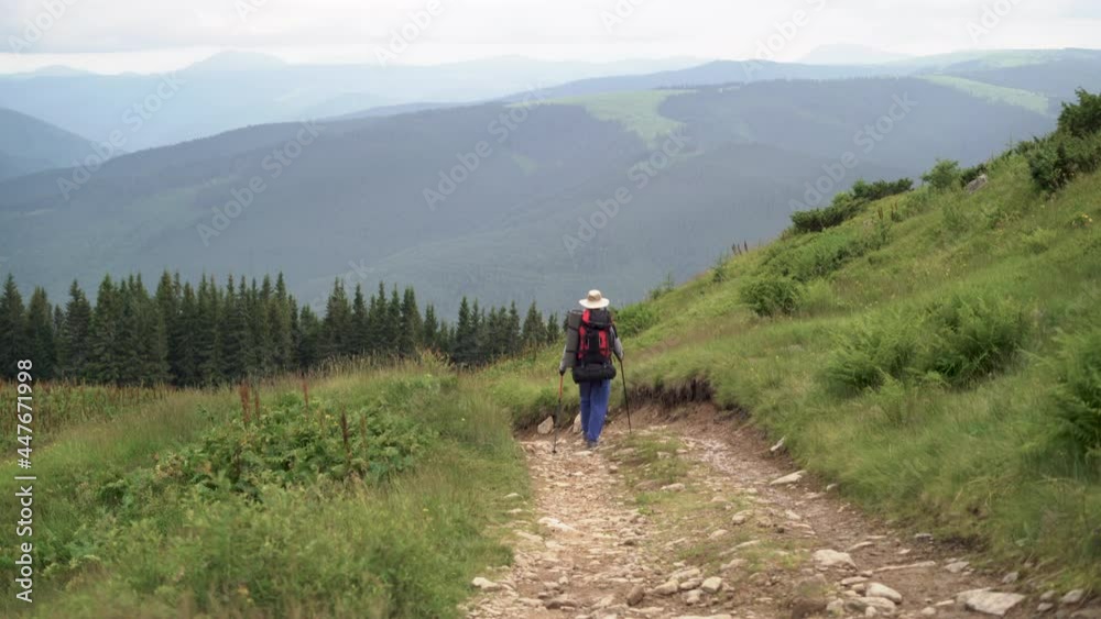 An active man spends time in the mountains, walks down the mountain road with a backpack on his shoulders, sticks in his hands, from his back without a face. Copy space. An active man spends time in the mountains, walks down the mountain road with a backpack on his shoulders, sticks in his hands, from his back without a face. Copy space.