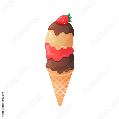 
Ice cream vector stock illustration. Chocolate, vanilla and strawberry ice cream in a waffle cup vector. Sweet tasty ice cream with strawberries. Summer bright stock illustration. Ice cream cone