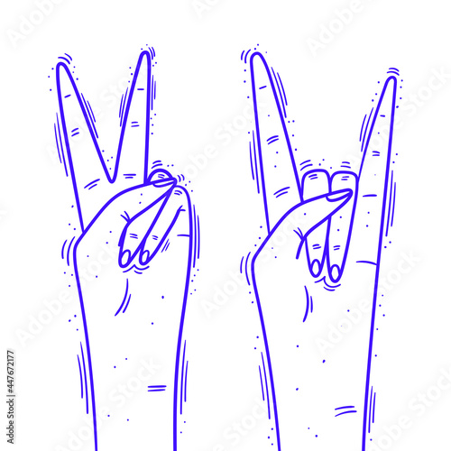 Vector illustration of a hand peace sign and of a hand rock gesture - Doodle style, simple objects on white background
