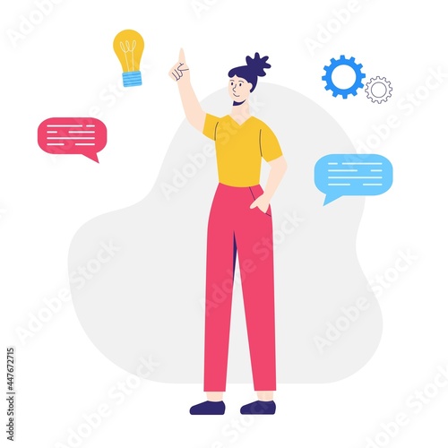 Young woman, creative thinking, generating ideas. Flat vector illustration.